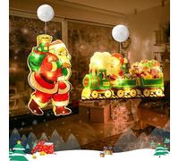 2 Pcs Christmas Window Lights Battery, Hanging Christmas Lights Indoor, Merry Christmas Lights LED Pendants, Xmas Light Up Window Decorations 3D Fairy Festival Warm Home Ornaments (Train/Santa Claus)