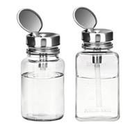 2 Pcs Clear Pump Dispenser Bottles (180ml/6Oz + 100ml), Glass Push Down Liquid Dispenser with Metal Flip Cover, Refillable Press Container for Nail Polish Remover, Makeup Remover & Lotion