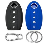 2-pcs Click&Fit Black&Blue Silicone Key Fob Covers compatible with Nissan Rogue 2008-21, Altima 07-21, Pathfinder 10-21, Murano 2009-21, Maxima Leaf GT-R Juke - Car Remote Key Rubber Case 4-Buttons
