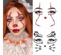 2 Pcs Clown Face Jewel Makeup Sticker Cat Face Gems 3D Gemstone Face Stickers Day of the Dead Temporary Rhinestone Crystal Stones Glitter Body Gems Makeup Stickers for Halloween Carnival Rave Party