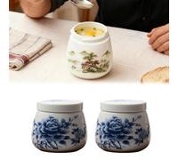2 Pcs Coddled Egg Cups, Coddle Egg Coddler Cups with Lids, Vintage Ceramic Soft Boiled Eggs Cooker,220ml Porcelain Tableware Breakfast Serving, Retro Table Treasure Chawanmushi Steamed Eggs Dish