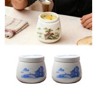 2 Pcs Coddled Egg Cups, Coddle Egg Coddler Cups with Lids, Vintage Ceramic Soft Boiled Eggs Cooker,220ml Porcelain Tableware Breakfast Serving, Retro Table Treasure Chawanmushi Steamed Eggs Dish