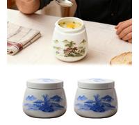 2 Pcs Coddled Egg Cups, Coddle Egg Coddler Cups with Lids, Vintage Ceramic Soft Boiled Eggs Cooker,220ml Porcelain Tableware Breakfast Serving, Retro Table Treasure Chawanmushi Steamed Eggs Dish