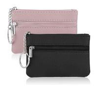 2 PCS Coin Purse Women, Small Zip Purse Leather Purses Mini Wallet with 2 Compartments & Keychain for Key Card Coin Earphone (Black, Pink)