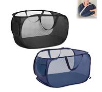 2 PCS Collapsible Laundry Baskets, Large Folding Washing Basket with Side Pockets Pop Up Foldable Clothes Basket with Reinforced Carry Handles for Laundry, Bathroom (Black, Navy Blue)
