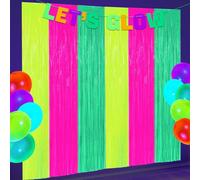 2 Pcs Colorful Fluorescent Foil Fringe Curtain, 3.3 x 6.6 Ft Glow in the Dark Party Supplies Party Decor Steamers for Neon Theme Birthday Decorations Photo Backdrop