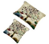 2 PCS Colorful Rich Tree Wild Animal Birds Deer Pocket Cosmetic Bag, Self-Closing Shrapnel Makeup Pouch, Portable No Zipper Mini Travel Make Up Bag for Coin Lipstick Earphones Jewelry Organizer