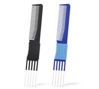 2 PCS Comb with Prongs on, Lift Teasing Comb for Fine Hair, Hairs Backcombing Combs, Hairs Pick Salon Teasing Metal Pick Lifting Fluffing Combs for Women Men Curly Hair(Black, Blue)