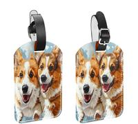 2 Pcs Corgis Painting PU Leather Luggage Tags Travel Suitcase Labels with Adjustable Strap Privacy Protection Cover for Preventing Loss of Baggage