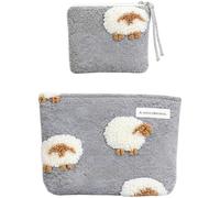 2 Pcs Cosmetic Bag Set, Polyester Makeup Pouch Organizer, Soft Felt Travel Toiletry Bag with Lamb Applique, Gray, for Women and Girls