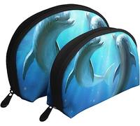 2 Pcs Cosmetic Bags Dolphins Undersea World Travel Makeup Bag Shell Toiletry Women Handbag