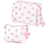 2 Pcs Cosmetic Bags, Large Capacity Makeup Bag, Wide-Open Makeup Pouch with Zipper, Multifunctional Pink Quilted Bow Make Up Bags for Women Travel, School