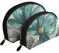2 Pcs Cosmetic Bags Teal Grey Vintage Flower Petal Travel Makeup Bag Shell Toiletry Women Handbag