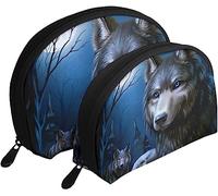 2 Pcs Cosmetic Bags Wolf Goodnight Moon Travel Makeup Bag Shell Toiletry Women Handbag