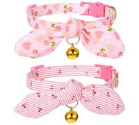 2 Pcs Cotton Bowtie Cat Collar with Bell, Breakaway Kitten Collar with Love Heart Cherry Pattern with Removeable Bow, Adjustable Pink Girl Cat Collars with Safety Clasp for Kitten Puppy Dogs
