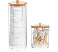 2 Pcs Cotton Pad Holder, Bathroom Qtip Dispenser Jars Canisters Holders, Cotton Wool Bud/Swab/Ball Holder,Makeup Storage Organiser Dispenzer with Bamboo Lid