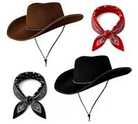 2 PCS Cowboy Hat, Felt Cowboy Hats with Bandanas Scarf,Western Unisex Texas | Cowboy Hats for Men Women, Texas Texan Halloween Costume Wild West Fancy Dress, Party Hats for Christmas Birthday