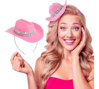 2 Pcs Cowboy Mini Hat Headbands for Women Western Cowgirl Accessories Costume Headwear Halloween Cowboy Party (Pink Glitter, 13.5cm)