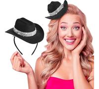 2 Pcs Cowboy Mini Hat Headbands for Women Western Cowgirl Accessories Costume Headwear Halloween Cowboy Party (Black Glitter, 13.5cm)