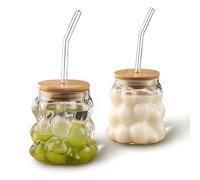 2 Pcs Creative Grape Shape Drinking Glasses with Bamboo lids and Glass Straw, 12 oz Drinking Reusable Aesthetic Cups for Water, Iced Coffee, Tea, Juice, Milk, Beverage, Beer, etc (Without Handle)