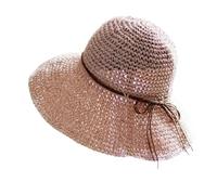2 Pcs Crochet Womens Seaside Foldable Straw Weave Sun Hat Wide Brim Real Floppy Trilby Bow Summer Beach For Summer(Pink)