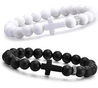 2 Pcs Cross Bracelet for Men Women Black White Couple Faith Bracelet Elastic Cross Bead Bracelet Minimalist Religious Belief Bracelet Delicate Layered Cross Bracelet Set Trendy Jesus Jewelry