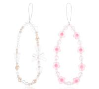 2 Pcs Crystal Butterfly Flower Charm Bracelet with Pearl Beaded Wrist Strap - Handmade Mobile Chain Anti-Lost Lanyard for Women