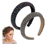 2 Pcs Crystal Rhinestone Headbands, Beaded Wide Hairbands Imitation Diamond Embellished Hair Hoop Party Wedding Headpiece Glitter Thick Padded Hair Accessories for Women Girls (Silver Grey, Blue)