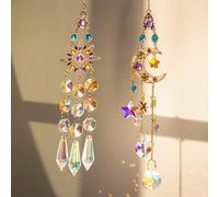 2 PCS Crystal Suncatcher,Colorful Sun&Moon Sun Catchers Indoor Window Hanging with Crystals Light Catcher Tree of Life Crystal Suncatchers Prism Hanging for Indoor Outdoor Home Garden Wedding Decor