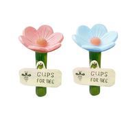 2 Pcs Cups for Bees, Flower Shaped Pollinator Bee Watering Station, Drinking Feeder with Stake Base, Bee Cups for Garden, Yard and Lawn (Pink and Blue)