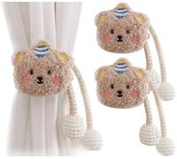 2 PCS Curtain Clips Tie-Back Rope, Cartoon Animal Curtain Tie-Back, Cute 3D Lion Crocodile Fruit Curtain Tie-Back With Bead Ball, Curtain Hook Rings Clouds For Children'S Room Decoration (Beige Bear)