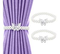 2 Pcs Curtain Tie Backs,Butterfly Curtain Clips,Pearl Curtain Tie-backs with Pearl Elastic Rope Curtains,Suitable for Home, Hotel, Office, No Installation and No Drilling(Silver)