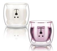 2 Pcs Cute Bear Mugs Insulated Double Wall Glass Bear Cups for Baby Shower Animal Tea Milk Juice Chocolate Cappuccino Cups Home Glass Mugs for Birthday Gifts(White, Pink)