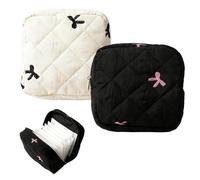 2 Pcs Cute Bow Tie Period Pouch, Canvas Sanitary Napkin Storage Bag Tampon Pouch for Women, Portable Bow Sanitary Towel Holder for Travel, School, Daily Use (Black&White)