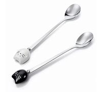2 Pcs Cute Cat-Shaped Coffee Spoon Set Cute Cat Spoon Set Stainless Steel Tea Coffee Sugar Spoons Milk Drink Stirring Spoones Black and White Cat Design Cartoon Dessert Spoons Sets for Kitchen