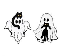 2-pcs Cute Ghost With Black Cat Enamel Brooches Pin, Gothic Horror Black White Ghost Cat Enamel Pin Badges Punk Cool Clothing Accessory for Jackets Backpack Hat