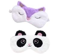 2 Pcs Cute Sleep Mask, Soft Fluffy Plush Blindfold Funny Novelty Animal Sleep Mask Eyeshade for Kids Girls and Adult Night Nap Travel Meditation (Purple Fox &Panda)