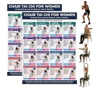 2 Pcs Daily Partner Tai Chi Chair Exercise Poster,Workout Chart Printable Wall Exercises for Beginners Seniors,30-Day Seated Tai Chi Routine,Easy Fitness Guide for Mobility Flexibility Movement