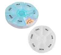 2 Pcs Daily Pill Box Organiser 7 Day Small, Plastic Travel Pill Dispenser 2 Times a Day, Portable Weekly Tablet Box Round Pill Case with 7 Compartments, Medicine Storage Box for Vitamins Supplements