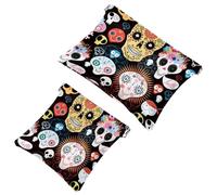 2 PCS Day of The Day Sugar Skull Flower Pocket Cosmetic Bag, Self-Closing Shrapnel Makeup Pouch, Portable No Zipper Mini Travel Make Up Bag for Coin Lipstick Cosmetics Earphones Jewelry Organizer