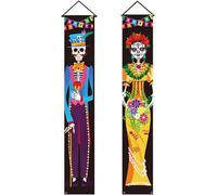 2 Pcs Day of the Dead Decorations Porch Sign Door Banner, Dia De Los Muertos Decor Halloween Decorations Skull Welcome Hanging Door Flag Indoor Outdoor Decor