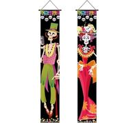 2 Pcs Day of the Dead Door Curtain, Dia De Los Muertos Decor, Skulls Guitar Porch Sign Door Banner, Couplet Hanging Door Flag for Indoor Outdoor Decor