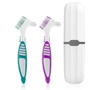 2 Pcs Denture Brush Set for False Teeth with White Carrying Case, Denture Toothbrushes with Double Sided Design, Dental Brush with Multi-Layered Soft Bristles and Rubber Anti-Slip Handle, 2 Colors