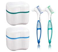 2 Pcs Denture Cleaning Box Case for False Teeth with 2 Travel Cleaning Brush, Dental Retainer Cleaner Box Denture Soaking Cup False Teeth Holder - Lake Green and Blue