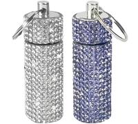 2 Pcs Diamond Art Inlaid Keychain Tablet Holder, Mini Aluminum Alloy Waterproof Capsule Container, Sealed Portable Emergency Box for Tiny Things, Small Item Storage for Outdoor Travel, 0.7 x 3.22 in