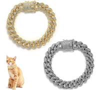2 Pcs Diamond Cuban Cat Chain Collar Exquisite Metal Cat Necklace with Rhinestones, Dog Chain Collar for Pet Jewelry Accessories （Gold,Rose gold） (gold,sliver, 12inch)