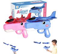 2 Pcs Dinosaur Airplane Launcher Toy with 2 Flight Modes | 8" Foam Glider Catapult Gun, Long Distance Flying Aircraft Outdoor Sport Toys, Fun Birthday Gift for Boys Girls