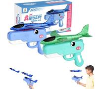2 Pcs Dinosaur Airplane Launcher Toy with 2 Flight Modes | 8" Foam Glider Catapult Gun, Long Distance Flying Aircraft Outdoor Sport Toys, Fun Birthday Gift for Boys Girls