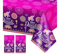 2 Pcs Diwali Decorations for House Tablecloth Set Vibrant Pink Purple Tones Indian Elephants, Oil Lamps, and Mandala Patterns, Brightening Your Festive Table and Creating a Joyful Happy Atmosphere