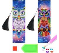2 Pcs DIY Diamond Art Page Bookmark, Leather Tassel Bookmarks, Bully Owl Pattern, Diamond Art Painting Bookmarks with Crystal Pendant for Page Marking (A)